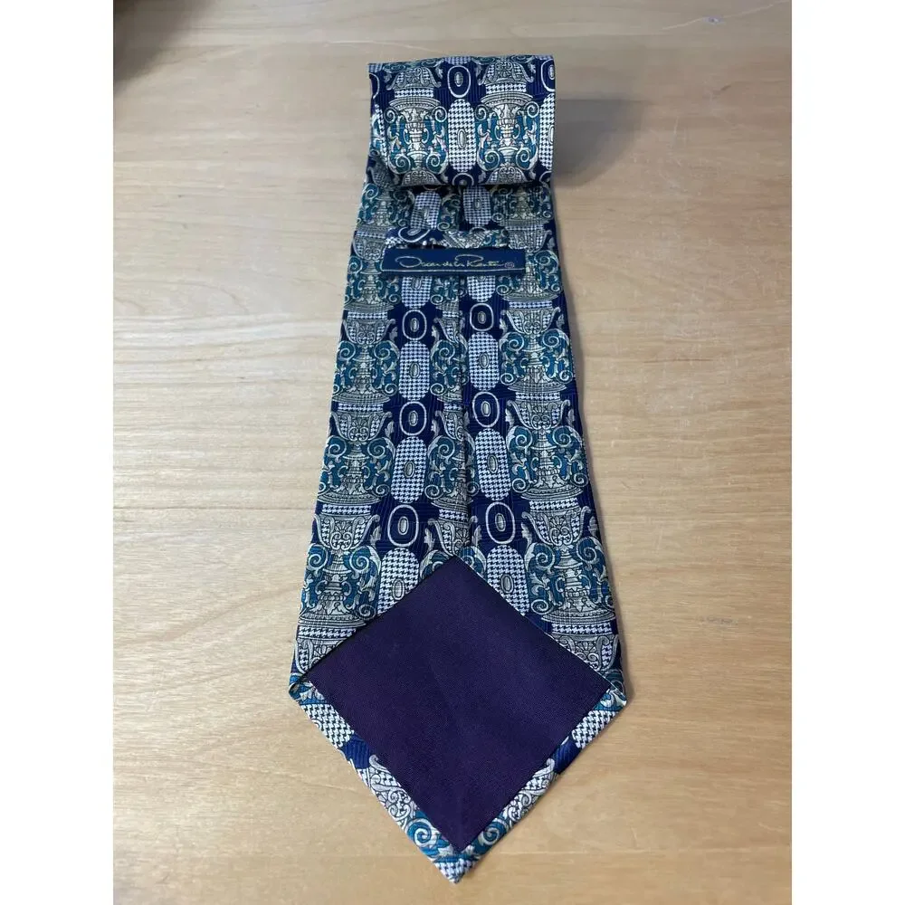 Vintage Oscar De Le Renta Silk Necktie Men's Blue Urn Cocktail Party Preppy